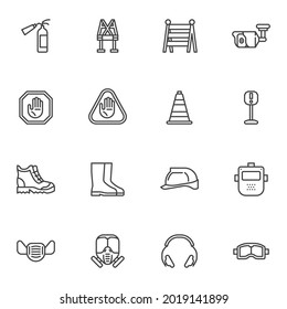 Work Safety Equipment Line Icons Set, Outline Vector Symbol Collection, Linear Style Pictogram Pack. Signs, Logo Illustration. Set Includes Icons As Protective Workwear, Shoes, Safety Mask, Hard Hat