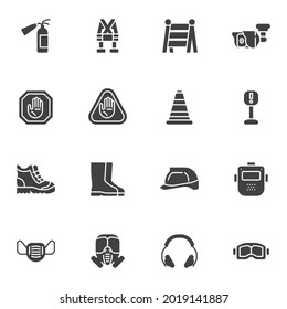 Work Safety Equipment Vector Icons Set, Modern Solid Symbol Collection, Filled Style Pictogram Pack. Signs, Logo Illustration. Set Includes Icons As Protective Workwear, Shoes, Safety Mask, Hard Hat