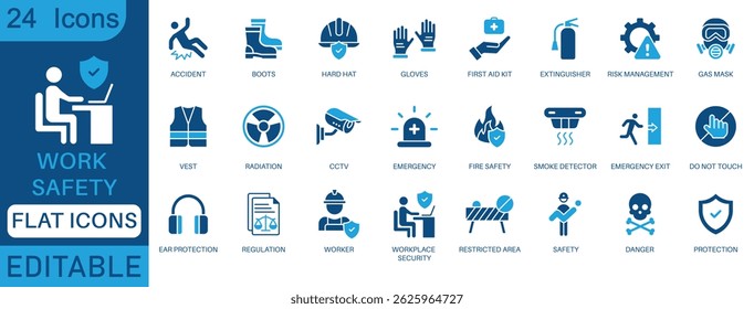 Work safety flat icon set. Containing hard hat, risk management, first aid kit, ear protection, workplace security, CCTV, regulation, safety training, hazard and more. perfect icon collection.