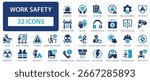Work safety flat icons collection. Emergency, insurance, safety training, occupational safety, ear protection, first aid kit, CCTV, fire safety, workplace security, guidelines sign set.