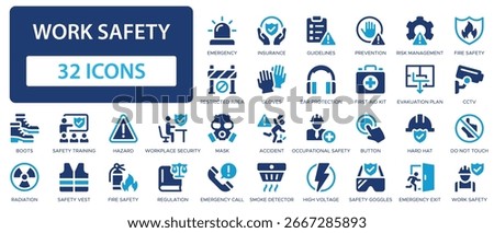 Work safety flat icons collection. Emergency, insurance, safety training, occupational safety, ear protection, first aid kit, CCTV, fire safety, workplace security, guidelines sign set.