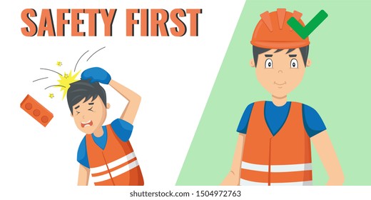 Work safety. Flat vector banner about work accident. Collision with falling brick. Work in hard hat. Right uniform. Personal protective equipment. PPE