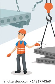 Work safety. Flat vector poster about work accident. Worker in uniform doesn't test slings on construction plant.