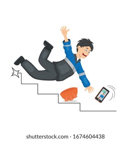 Work safety. Flat vector poster about work accident. Falling down the stairs, inattentiveness, worker looking at the phone. Falling on slippery floor