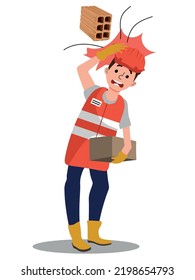 Work safety. Flat vector poster about work accident. Collision with falling brick.