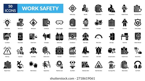 Conjunto De Ícones De Glifo De Segurança Do Trabalho. Sinal de segurança, Kit Ppe, Regras de segurança, Alerta de perigo, Verificação de saúde, Formulário de seguro, Crachá de segurança