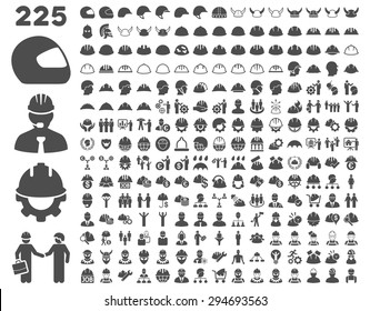 Work Safety And Helmet Icon Set. These Flat Icons Use Gray Color. Vector Images Are Isolated On A White Background. 