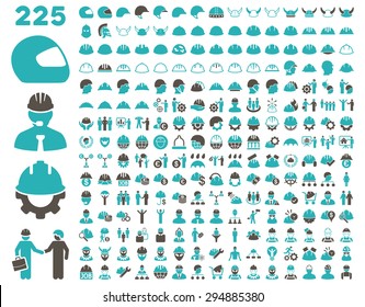Work Safety and Helmet Icon Set. These flat bicolor icons use grey and cyan colors. Vector images are isolated on a white background. 