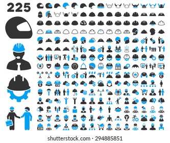 Work Safety and Helmet Icon Set. These flat bicolor icons use blue and gray colors. Vector images are isolated on a white background. 