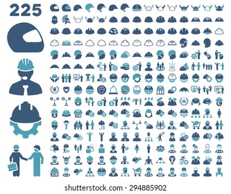 Work Safety and Helmet Icon Set. These flat bicolor icons use cyan and blue colors. Vector images are isolated on a white background. 