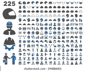 Work Safety And Helmet Icon Set. These Flat Bicolor Icons Use Cobalt And Gray Colors. Vector Images Are Isolated On A White Background. 