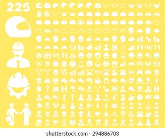 Work Safety and Helmet Icon Set. These flat icons use white color. Vector images are isolated on a yellow background. 