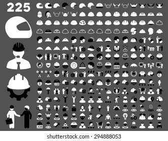 Work Safety and Helmet Icon Set. These flat bicolor icons use black and white colors. Vector images are isolated on a gray background. 