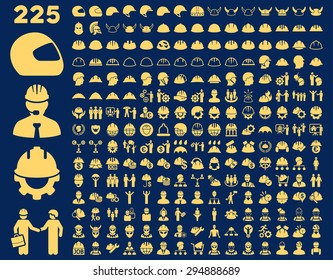 Work Safety and Helmet Icon Set. These flat icons use yellow color. Vector images are isolated on a blue background. 