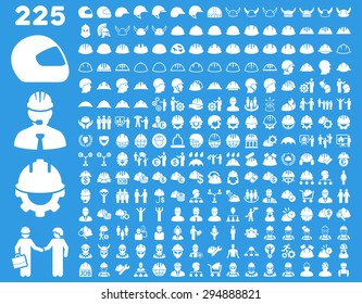 Work Safety and Helmet Icon Set. These flat icons use white color. Vector images are isolated on a blue background. 