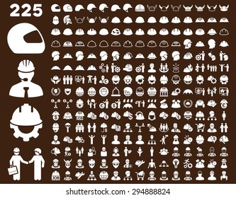 Work Safety and Helmet Icon Set. These flat icons use white color. Vector images are isolated on a brown background. 
