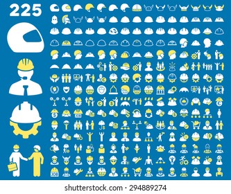Work Safety and Helmet Icon Set. These flat bicolor icons use yellow and white colors. Vector images are isolated on a blue background. 