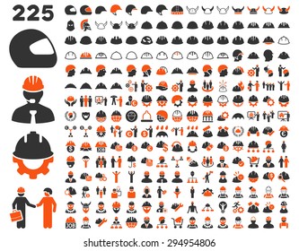 Work Safety And Helmet Icon Set. These Flat Bicolor Icons Use Orange And Gray Colors. Vector Images Are Isolated On A White Background. 