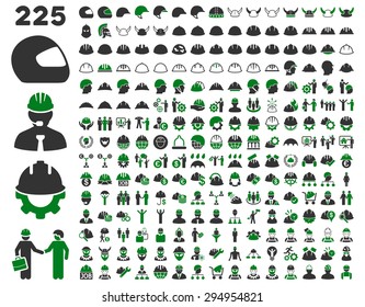 Work Safety and Helmet Icon Set. These flat bicolor icons use green and gray colors. Vector images are isolated on a white background. 