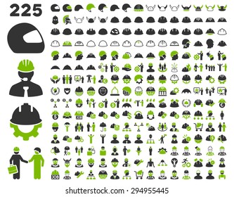 Work Safety and Helmet Icon Set. These flat bicolor icons use eco green and gray colors. Vector images are isolated on a white background. 