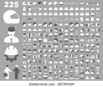 Work Safety and Helmet Icon Set. These flat bicolor icons use dark gray and white colors. Vector images are isolated on a silver background. 