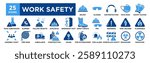 Work Safety icon collection set. Containing design Safety Helmet, Safety Glasses, Ear Protection, Face Mask, Safety Gloves	