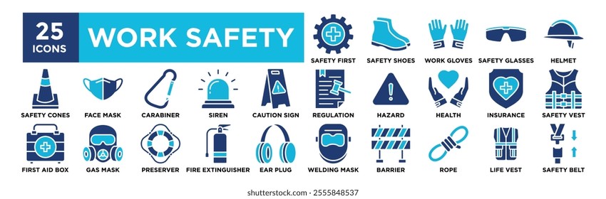 Work Safety icon collection set. Containing design safety, industry, business, protection, equipment, helmet, security	
