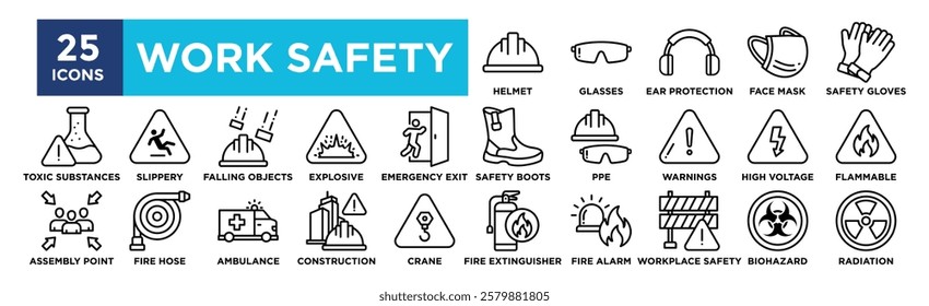 Work Safety icon collection set. Containing design  Safety Helmet, Safety Glasses, Ear Protection, Face Mask, Safety Gloves