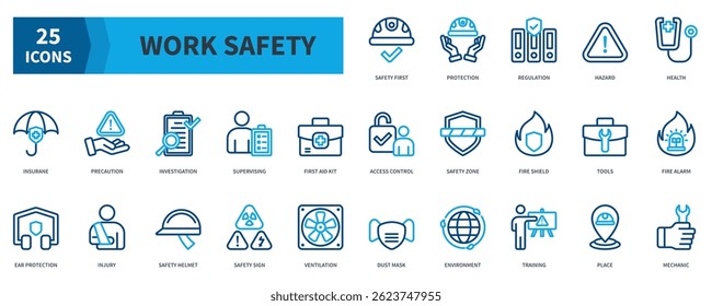 Arbeitsschutz-Icon-Kollektionssatz. Enthaltend Sicherheit zuerst, Schutz, Regulierung, Gefahr, Gesundheit, Versicherung, Erste Hilfe Kit Symbol. Dualtone-Gliederungsstil