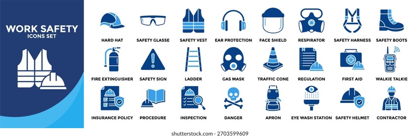 Conjunto de colección de iconos de seguridad laboral. Diseño conteniendo Casco, Vidrio de seguridad, Chaleco de seguridad, Protección del oído, Protector facial