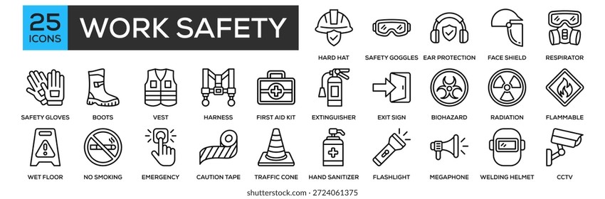Conjunto de Colección de iconos de seguridad de trabajo. Diseño de Contenedores Hard Hat, Gafas de Seguridad, Protección para los Oídos, Protector Facial, Respirador