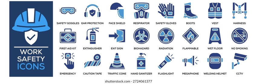 Conjunto de Colección de iconos de seguridad de trabajo. Diseño de Contenedores Hard Hat, Gafas de Seguridad, Protección para los Oídos, Protector Facial, Respirador