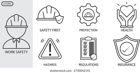 Conjunto de iconos de seguridad laboral. Icono de seguridad de trabajo de 6 iconos. 