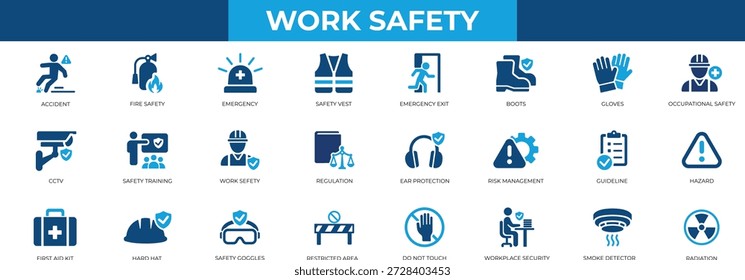 Icono de seguridad de trabajo conjunto colección en estilo de glifo sólido, gafas, casco, ingeniero, salida, primeros auxilios, guante y un paquete de iconos que contiene seguridad.