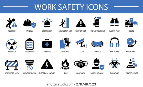 Work safety icon set collection. Featuring industrial protection, hard hat, first aid, fire extinguisher, goggles, first aid, glove, Industrial Safety concepts