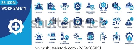 work safety icon set collection in solid glyph style. an icon pack contain safety,helmet,caution,gear,protect,firstaid,secure
