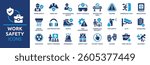 Work safety icon set. Containing hard hat, risk management, first aid kit, ear protection, workplace security, CCTV, regulation, safety training, hazard and more. Solid vector icons collection.