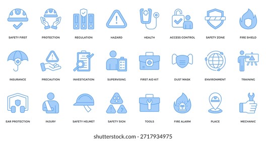 Work Safety icon set. Containing safety first, protection, regulation, hazard, health, insurance, first aid kit icon. Lineal blue style