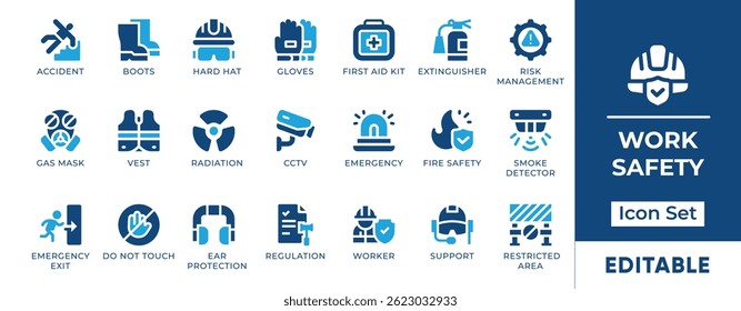 Work Safety Icon Set featuring flat vector symbols for PPE, hazard signs, helmets, gloves, and emergency alerts. Ideal for infographics, apps, and manuals.