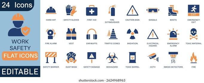 Work safety icon set. Featuring essential elements like hard hat, risk management, first aid kit, ear protection, CCTV, hazard warnings, and more. Ideal for infographics, apps, and manuals.