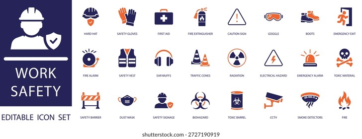 Conjunto de Ícones de Segurança do Trabalho. com proteção industrial, chapéu rígido, primeiros socorros, extintor de incêndio, risco biológico, radiação e conceitos de saída de emergência.