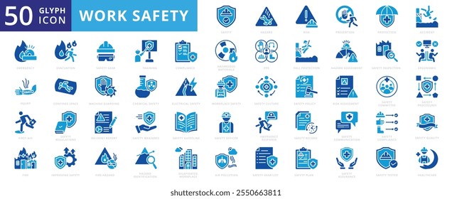 Conjunto de iconos de seguridad en el trabajo con fuego, accidente, prevención, inspección, caída, oficial, emergencia, registro, protección, regulaciones, informe, riesgo, comunicación, capacitación, equipo, atención médica y química