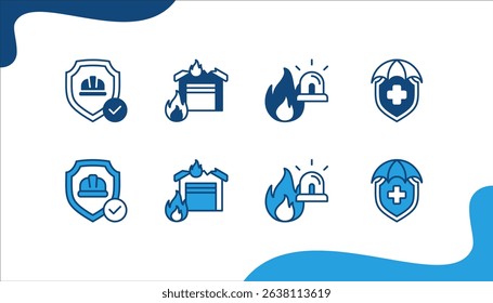 Work safety icon set with Safety, Fire, Emergency and Protection.
