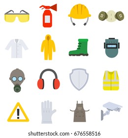 Work Safety. Icon Set In Flat Style. Means And Methods Of Protection In The Workplace