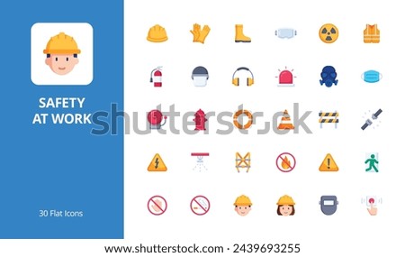 Work Safety Icon Set with flat style. A versatile collection perfect for UI, infographics, or social media content related to construction, safety at work, or occupational health and safety.