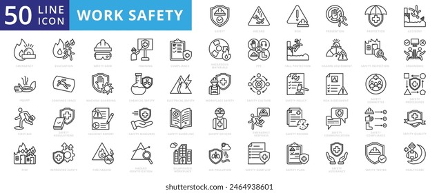 Work Safety icon set with hazard, risk, prevention, protection, accident, emergency, injury, first aid, evacuation and fire.