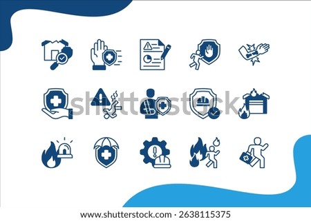 Work Safety icon set with hazard, risk, prevention, protection, accident, emergency, injury, first aid, evacuation and fire.