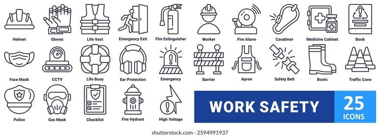 Work safety icon set with icon Helmet, Gloves, Life Vest, Emergency Exit, Fire Extinguisher, Worker, Fire Alarm, Carabiner, Medicine Cabinet, Book, Face Mask, CCTV, Life Buoy, Ear Protection,Emergency