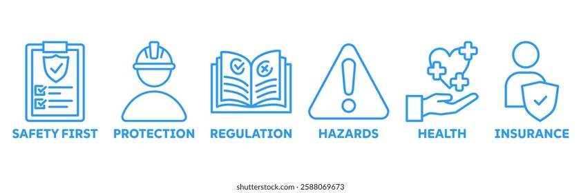 Work safety icon set illustration with icons safety first, protection, regulations, hazards, health, and insurance icon