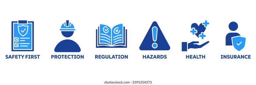 Work safety icon set illustration with icons safety first, protection, regulations, hazards, health, and insurance icon